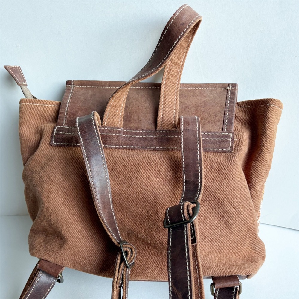 Myra Bag Terreous Backpack Bag Southwestern Canvas Leather Brown Geometric Boho - Picture 6 of 12